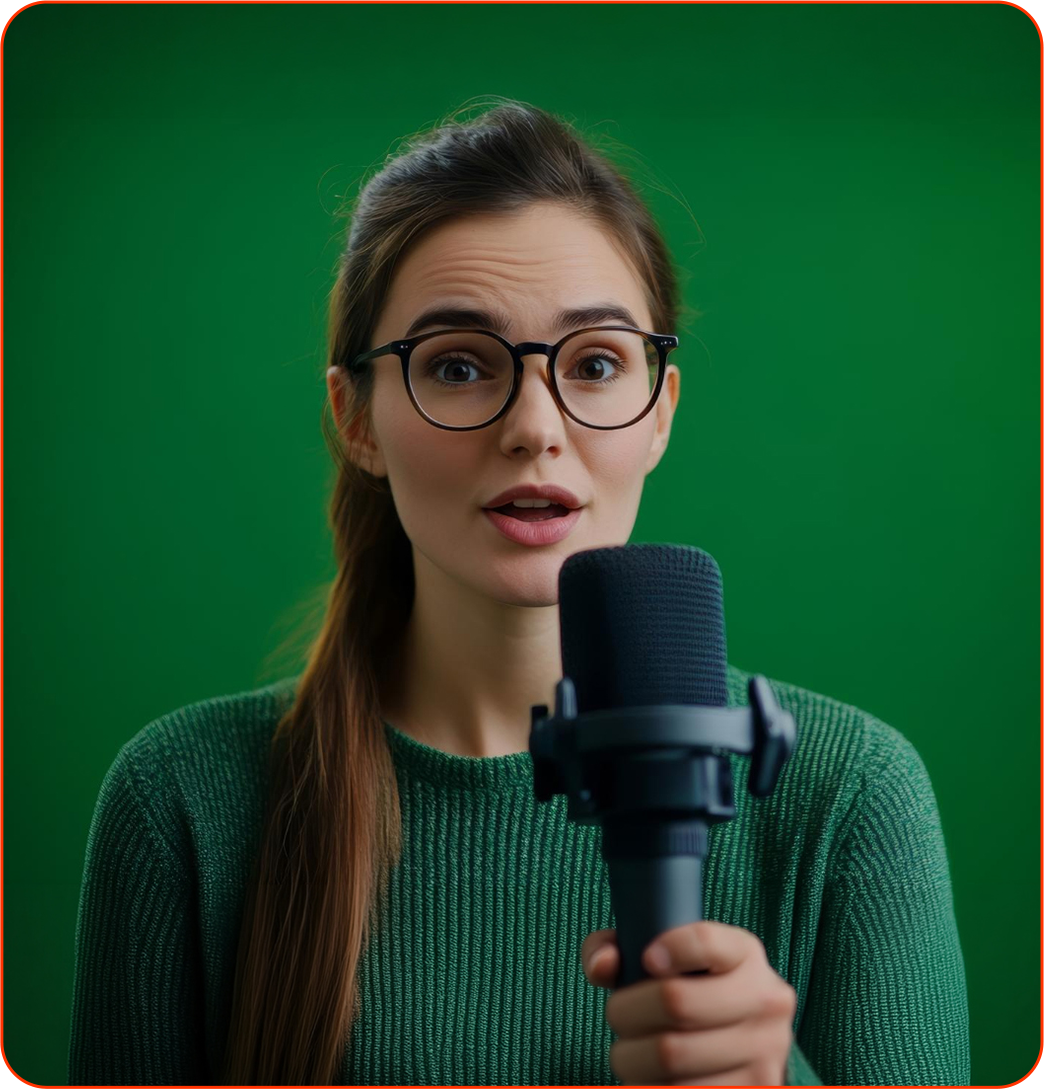 Presenter recording with a microphone in front of a green screen